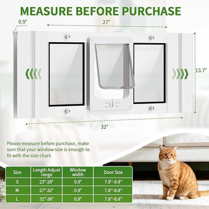 Aluminum Frame Cat Door for Window with Magnetic Auto Closure, Adjustable Width Quick-Fit Pet Door for Window Insert, Suitable for Most Medium Cats & Small Dogs (27''-32'')