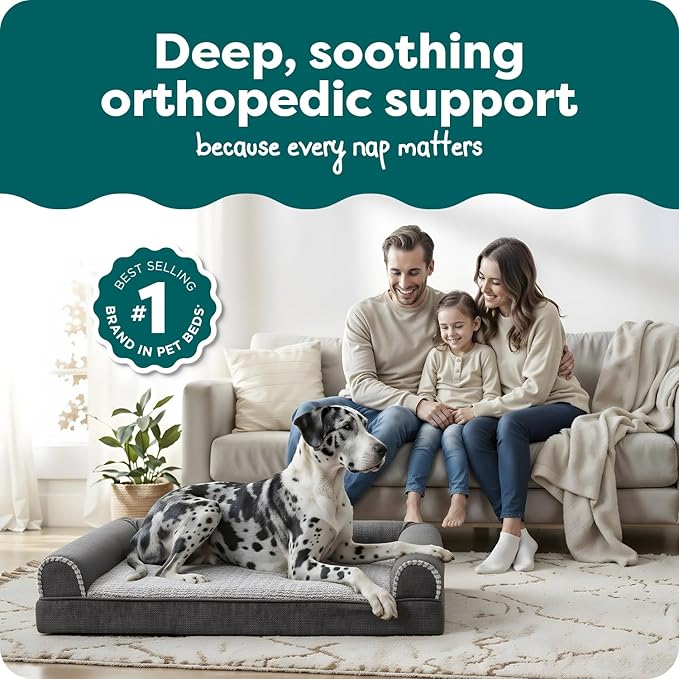 FurHaven Orthopedic Dog Bed For Large Dogs, Sofa Contour Mattress with Solid Orthopedic Foam Slab for Joint Support, Removable Washable Cover, Jumbo Plus XXL, Faux Fur, Charcoal
