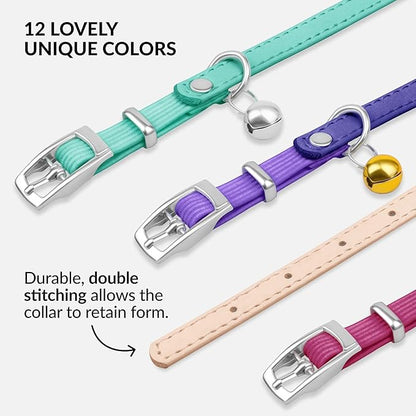 CollarDirect Leather Cat Collar with Bell - Kitten Collar, Small and Big Cat Strap for Boy Cats, Girl Cats with Safety Elastic Strap (Neck Fit 8"-11", Beige)