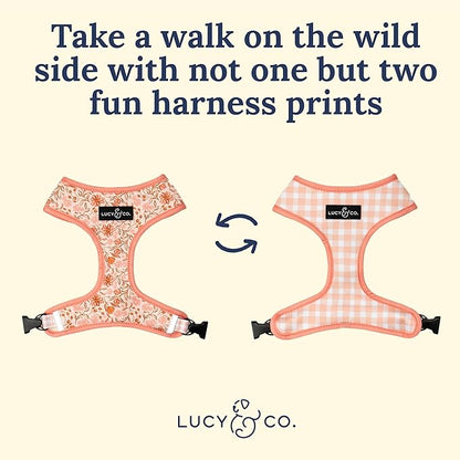 Lucy & Co. Cute Reversible Dog Harness Walking Halter - Best Designer Pet Harnesses for XS - XL Dogs - Padded Adjustable Vest for Easy Walking-XLarge-Peach Pink Floral Plaid