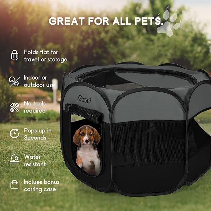 Portable Puppy Playpen Indoor, Small Dog Playpen, Pop Up Kitten Cat Play Pen Tent for Outdoor, Foldable Pet Cage Crate Kennel with Zip Gate Top Cover Bottom for Travel Camping RV Car (Black)