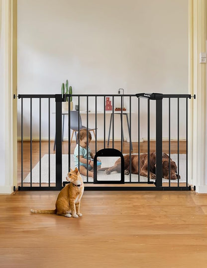 Babelio 36.5-57" Extra Wide Baby Gate with Cat Door, CatPrivilege Ⅲ, Auto Close & Two Way Swing, Pressure Mounted Dog Gates for Stairs, Doorways, Includes 4 Wall Cups and 3 Extension Pieces, Black