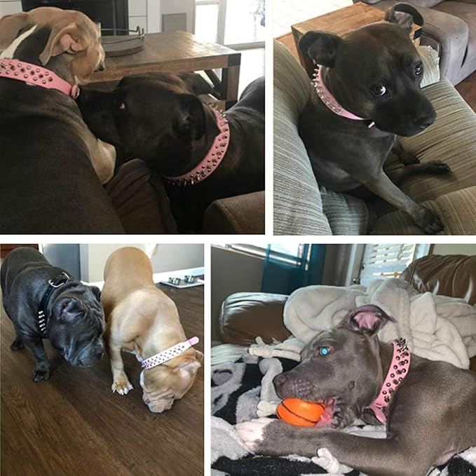 TEEMERRYCA Adjustable Leather Spiked Studded Dog Collars with a Squeak Ball Gift for Small Medium Large Pets Like Cats/Pit Bull/Bulldog/Pugs/Husky, Pink, L(15"-18.5")