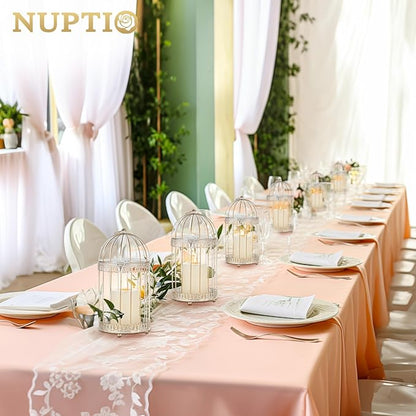 NUPTIO Decorative Bird Cage Lantern: 2 Set of 10 inch Tall Rustic White Birdcage Lanterns Centerpiece Vintage Decorating Metal Pillar Candle Holder for Christmas Bridal Shower Party Decor