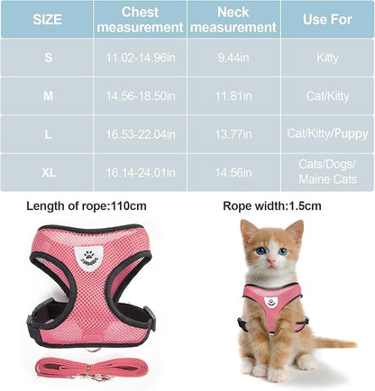shudyear Summer cat Chest Harness and Leash, Anti-Escape Adjustable Soft mesh cat Leash and Chest Harness Set for All Types of Cats cat Vests (Size XL,Pink)