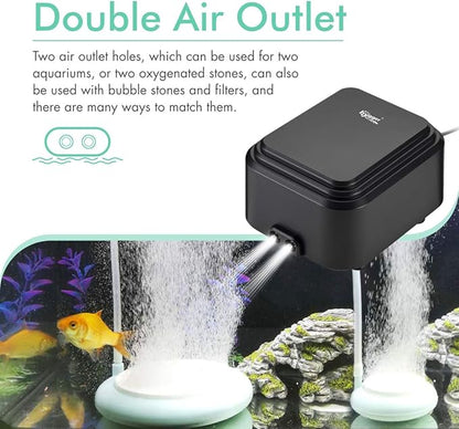 hygger Quiet <30dB Aquarium Air Pump, Adjustable Low Decibel Oxygen Fish Tank Pump 2 Air Outlets Ultra Silent Powerful Aerator Pump with Accessories Max 80GPH/160GPH/255GPH(10W, Up to 600Gallon)