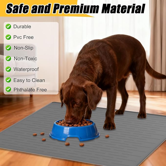 51.2"x25.6"(130cm×65cm) Largest Dog Food Mat, XXXXL Silicone Dog and Cat Mat for Food and Water Bowls, Thinken Waterproof Non-Slip XXXL Pet Feeding Mat for Floors, Dark Gray