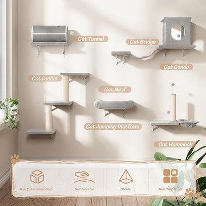 7-in-1 Cat Wall Shelves, Wall Mounted Cat Climber Set, Cat Furniture with House, Tunnel, Bridge, Steps, Scratcher, Hammock, Shelves for Indoor, Gray