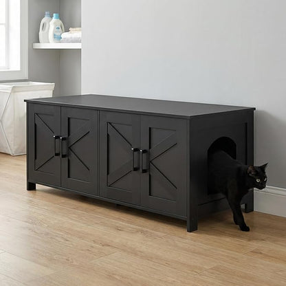 Homhedy Cat Litter Box Enclosure for 2 Cats, Litter Box Furniture Hidden with Double Room,Wooden Cat Washroom Furniture,Cat House,47.2”L x 19.7”W x 19.7”H,Black