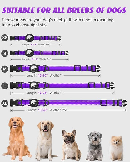 Joytale Airtag Dog Collar, Reflective Pet Collar with Waterproof AirTag Holder, Dual D-Rings, Soft Padded Adjustable for Small Dogs, Purple, S