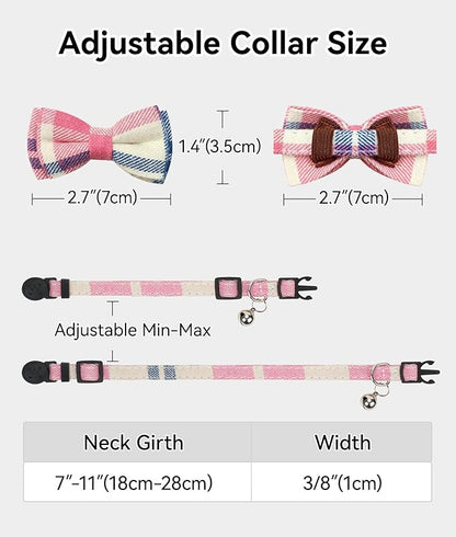 Joytale Upgraded Cat Collar with Bells, Breakaway Cat Collars with Bow Tie, 2 Pack Girl Boy Safety Plaid Kitten Collars, Haze Blue+Pink