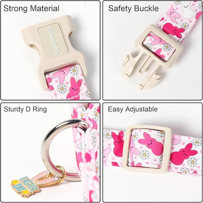 DOGWONG Easter Dog Collar, Cute Easter Pink Bunny Pet Collar Durable Holiday Girl Boy Adjustable Cotton Dog Collars for Small Medium Dogs,M Visit The Elegant Little Tail Store