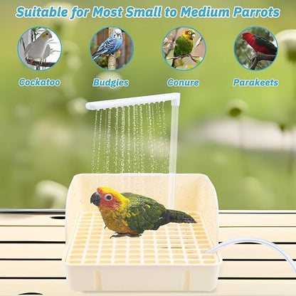 Automatic Bird Bath with Pump, Parrot Bathtub with Anti-Bite Cord Protector, USB Electric Large Bird Bathtub Circulating Water Bird Shower for Parakeet Cockatiel African Grey Lovebird(Beige)