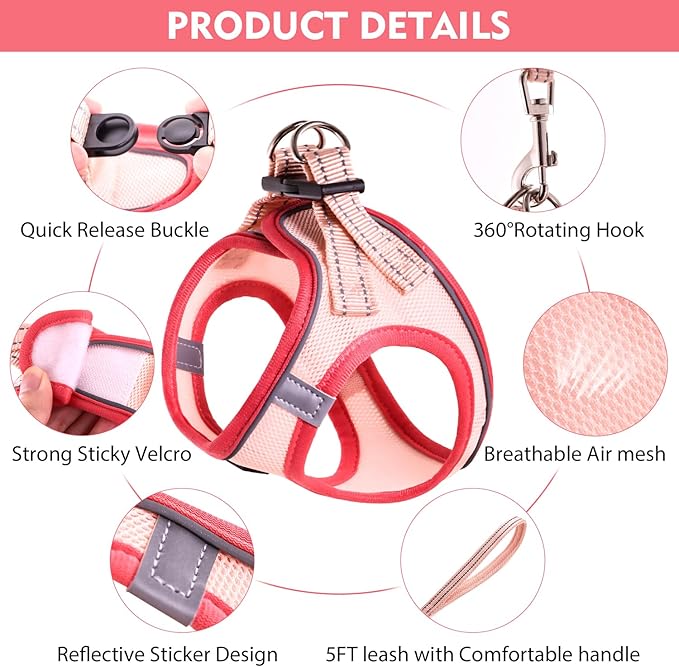 Cat Harness and Leash Set, Soft and Breathable Vest with Reflective Strip, Escape Proof Kitten Harness, Easy to Wear for Cats Walking and Traveling (Red, S)