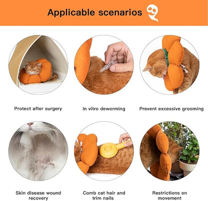 Cat Cone Collar,Cute Waterproof Recovery Collar,Anti-Bite Lick Wound Healing Safety Elizabethan e Collar for Cats,Orange Pumpkin Cat Halloween Costume