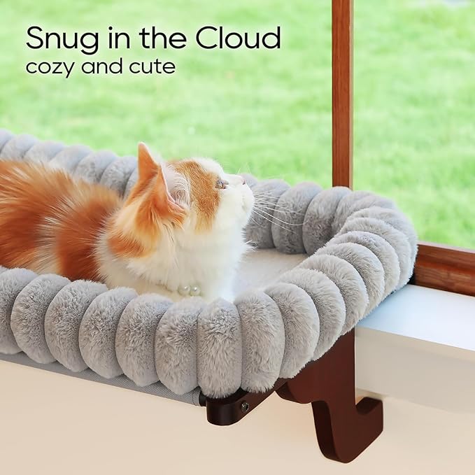 Zakkart SnugCloud Cat Window Perch with 4-Sided Bolster - Orthopedic Cat Hammock for Window Sill - Solid Hardwood & Metal Frame - Window Seat for Pets (Dark Stained Wood w/Gray Bed, Medium)