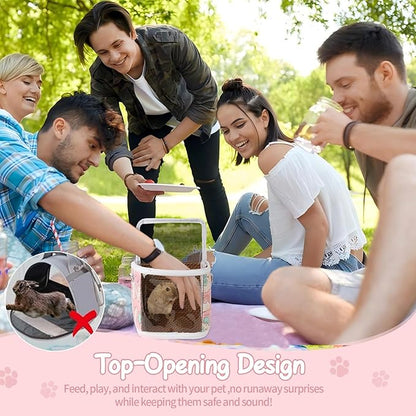 Guinea Pig Carrier Bag with Water Bottle，Travel Portable Small Animal Carrier Sling Pouch, Clear Window Carrier Backpack for Hamster Bunny Gerbil Hedgehog Sugar Glider Lizard Bird.(Pink)