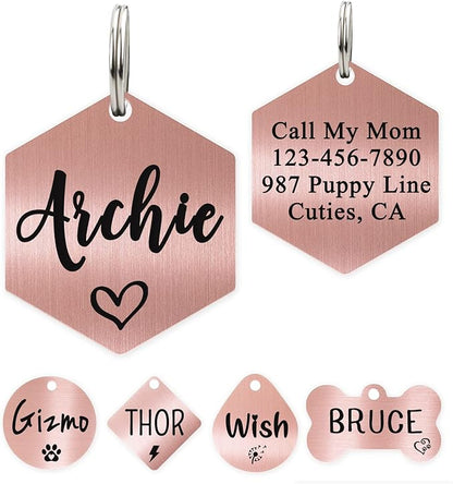 Ultra Joys Personalized Hexagon Dog Tag - Brushed Stainless Steel, Rose Gold, Small