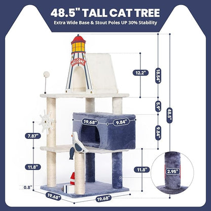 HYABi 48.5-Inch Novelty Lighthouse Seagull Wheel Buoy Cat Tree Tower Condo Bed Furniture Plush Ball Toy Fish Platforms Multi-Level with Scratching Posts Play for Indoor Cats