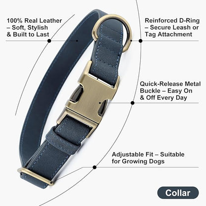 Plutus Pet Genuine Leather Dog Collar – Adjustable Pet Collar with Quick Release Metal Buckle, Soft Real Leather for Small Medium Large Dogs, Heavy Duty & Skin-Friendly (Blue, L)