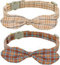 Cotton Bowtie Cat Collar with Bell 2 Pack Plaid Breakaway Kitten Collars with Removeable Bunny Ear Bow(Amber+Beige)