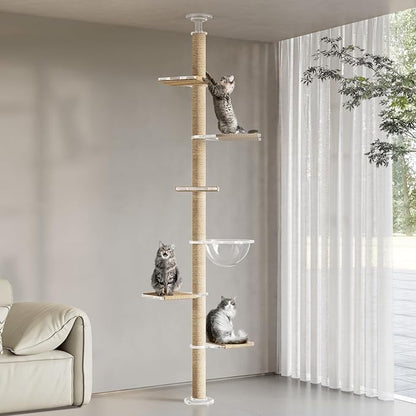 Floor to Ceiling Cat Tree, Acrylic Top Support PlateTall Cat Tower Natural Sisal Rope Scratching Post, Adjustable Height 55-103 Inches, Multi-Platform Activity Center
