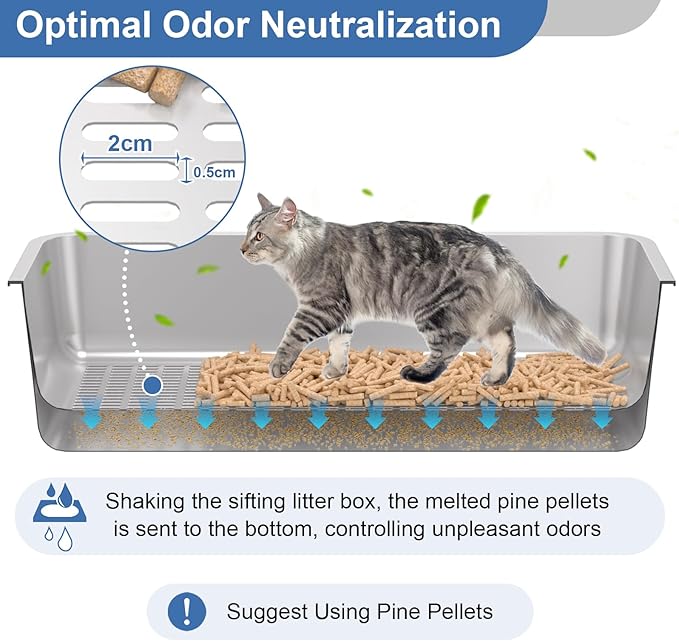 Stainless Steel Sifting Litter Box with Lid, High Sides XXL Extra Large Sifting Cat Litter Box for Pine Pellets & Big Cats, Sifter Litter Pan System for Odor Control,Sifting Box Liners & Scoop