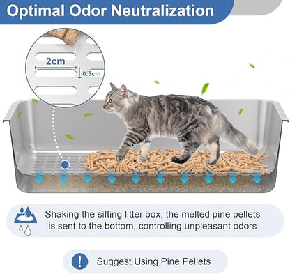 Stainless Steel Sifting Litter Box with Lid, High Sides XXL Extra Large Sifting Cat Litter Box for Pine Pellets & Big Cats, Sifter Litter Pan System for Odor Control,Sifting Box Liners & Scoop