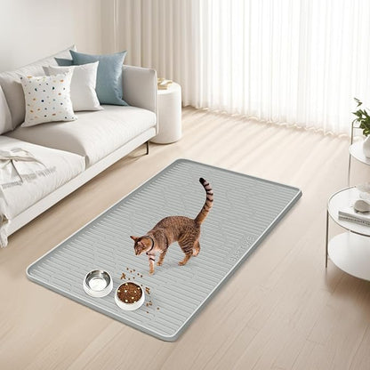 Silicone Cat & Dog Food Mat, 32" x 22" Large Pet Feeding Mat for Cats and Dogs Bowl, Pet Placemat for Food and Water with Raised Edge, Waterproof, Leakproof (Grey)