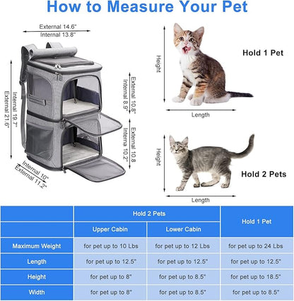 Double Pet Carrier Backpack with Wheels for Small Cats and Dogs, Rolling Cat Travel Carrier, Super Ventilated Design, Ideal for Traveling/Hiking/Camping, Grey