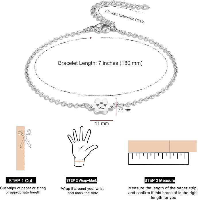 MeMeDIY Personalized Paw Print Bracelet for Women Engraved 1-5 Names Dog Cat Pet Paw Bracelet Adjustable Chain Dog Jewelry Memorial Gifts for Pet Lovers