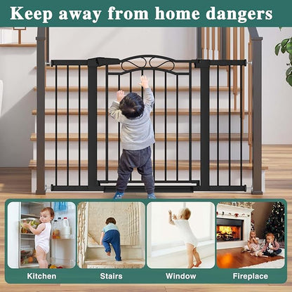 Fairy Baby 59.9"-62.5" Extra Wide Baby Gate with Door, 60 61 62 Inches Walk THR Baby Gates for Stairs Pressure Mounted no Drill, Indoor Tension Metal Child Pet Dog Safety Gate for Kids, Black