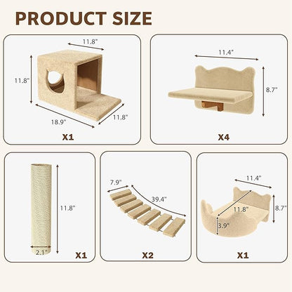 9-in-1 Cat Wall Shelves, Wall Mounted Cats Furniture Set with Plush Fabric, Cat Climbing Wall Systems, Cats Shelf Furniture with Condos, House, Steps, Bridge Ladder, Scratching Post, Beige