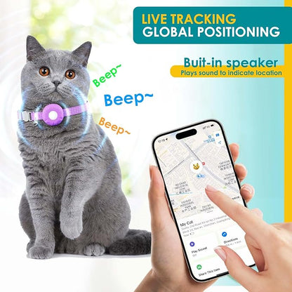 Cat GPS Tracker, Smart Cat GPS Tracker Compatible with Apple Find My App (Only iOS), No Monthly Fee, Waterproof (White Tracker, Purple Cat Collar)