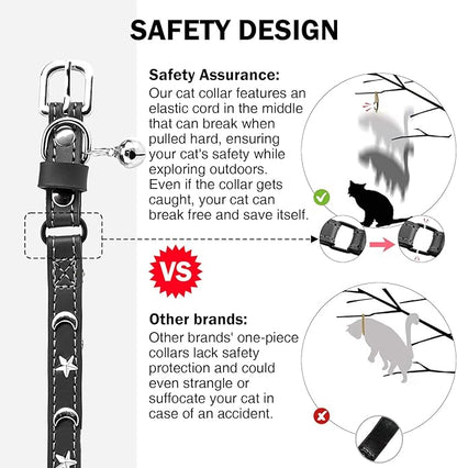 Leather Cat Collars for Boy Girl Cats with Bell and Safety Elastic Belt, Personalized Star and Moon Stud Adjustable Safe Buckle Collar for Kitty Small Big Cats Size 8-12 Inch, Black