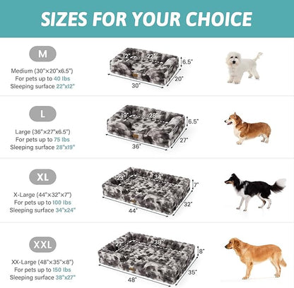 Orthopedic Dog Bed for Extra Large Dog, Soft and Warm Faux Fur Sofa for Giant Pet Up to 150 lbs, Foam Bolster Anti-Slip Couch with Washable Removable Cover, XXL 48x35x8 inch, Tie Dye Grey