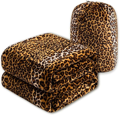 Bnuitland Leopard Print Flannel Blanket, Large Size 90x90 Inches with Storage Pouch for Bed Couch Travel, 300 GSM Double Sided Cheetah Print Super Soft Fuzzy Fluffy Fleece Blanket for Adults