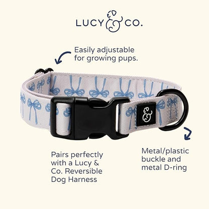 Lucy & Co. Dog Collar - Durable Lightweight Designer Collar for Pets - Adjustable Metal Safety Buckel - Small - White with Blue Bows