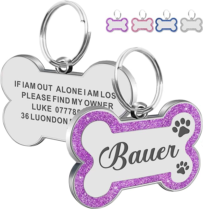 Dog Tags Personalized for Pets Dog Name Tags Personalized Dog Tag Engraved with Any Name & Text Custom Dog ID Tags Glitter Bone ID Tag for Puppy Cat (Purple S, Bone)