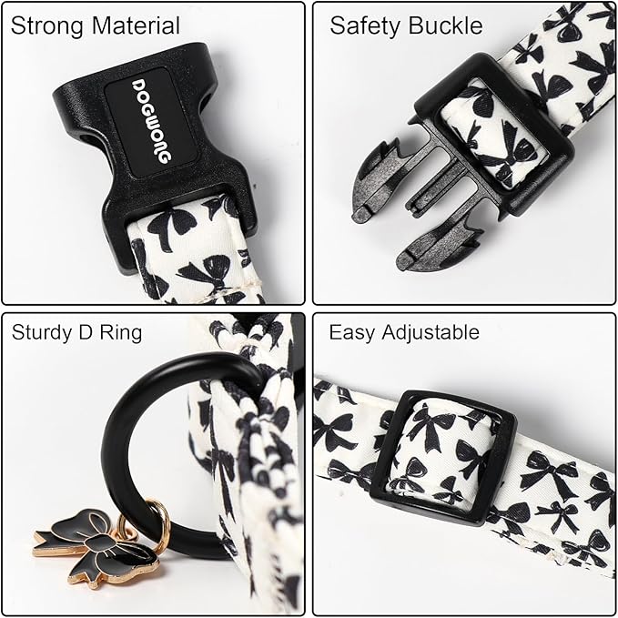 DOGWONG Cute Dog Collar, Black Bow Pattern Dog Collar, Girl Female Dog Collars with Strong Plastic Buckle for Medium Large Dogs,L