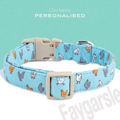 Faygarsle Funny Chicken Pattern Dog Collar, Cotton Fabric, Light Blue with Farm Animal Print for Small Medium Large Dogs L