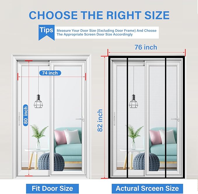 Magnetic Screen Door Upgraded PET Mesh Stronger Than Fiberglass and Polyester,Hands Free,Keeps Bugs Out,Pet & Kid Friendly,Suitable for Sliding Door,Large Patio Door and French Door-74''x80''