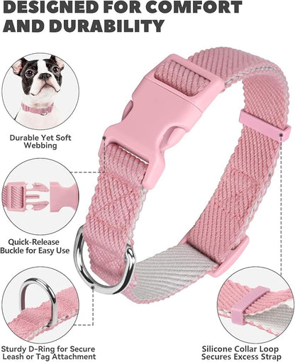Dynmeow Soft and Breathable Cotton Dog Collar, Durable Adjustable Heavy-Duty Female Girl Pet Collar with Quick-Release Buckle, Lightweight for Sensitive Skin for Large Dogs, Pink, L