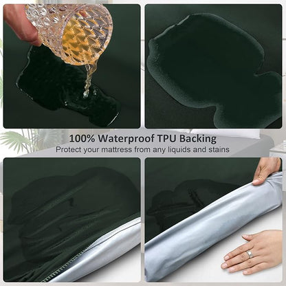 King Mattress Protector Waterproof, Fitted Sheet Style Breathable Mattress Cover with Deep Pocket Fits Up to 18'', Noiseless Bed Cover for Kids Adults Pets, Machine Washable (Green, 76'' X 80'')