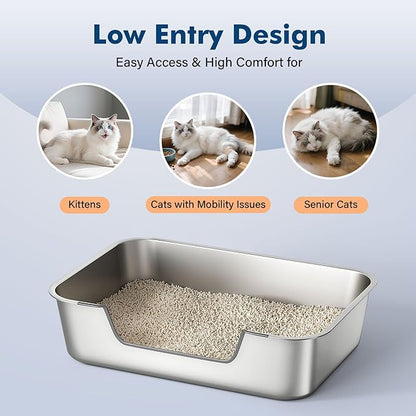 Stainless Steel Cat Litter Box with Low Entry, Large Metal Kitty Litter Box for Senior or Injured Cats, Odor-Free, Non-Stick, Easy to Clean, 23.4"x15.6"x7.8", for Multiple Cats