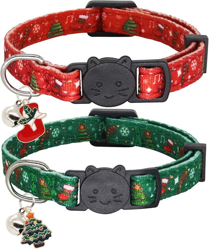 Christmas Cat Collar, Cotton 2 Pack Cat Collar with Bells, Breakaway Collars for Girl Boy Kittens, Christmas