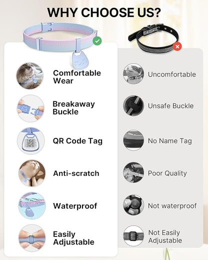 Cat Collar with QR Code Name Tag, Breakaway Kitten Collar for Boy & Girl Cats, Ultra Soft Elastic Adjustable Band, Safety Break Away Buckle, Comfortable & Secure Pet ID Collar (6"-12"), Iridescent