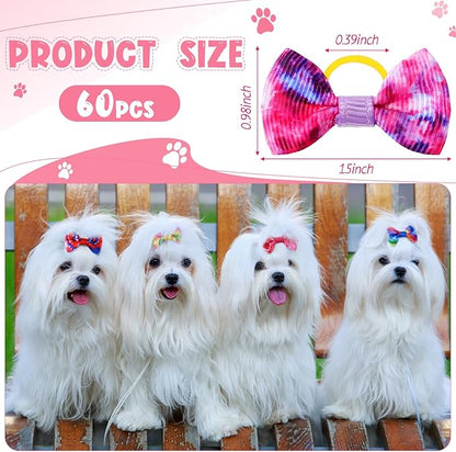 60 Pcs Cute Puppy Dog Hair Bows Small Bowknot Hair Bows with Rubber Bands Handmade Knot Accessories Pet Grooming Products for Holiday Birthday Gift(Tie Dye)