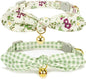 2 Pack Cotton Cat Collar, Removable Bowtie, Floral Pattern, Safety Breakaway Clasp, Adjustable for Cats.(Adult Cat, Check+Green)