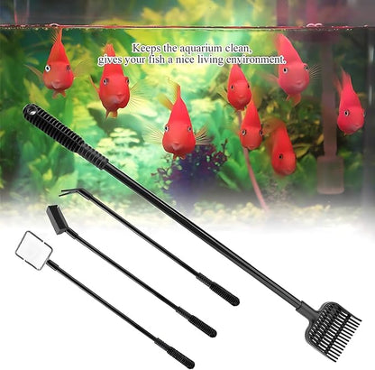 4 in 1 Portable Aquarium Cleaning Tool Kit Fish Tank Cleaning Set with Long Handle Fish Tank Cleaner Net, Shovel, Sponge, Plant Fork - Saltwater & Freshwater Fish Tank